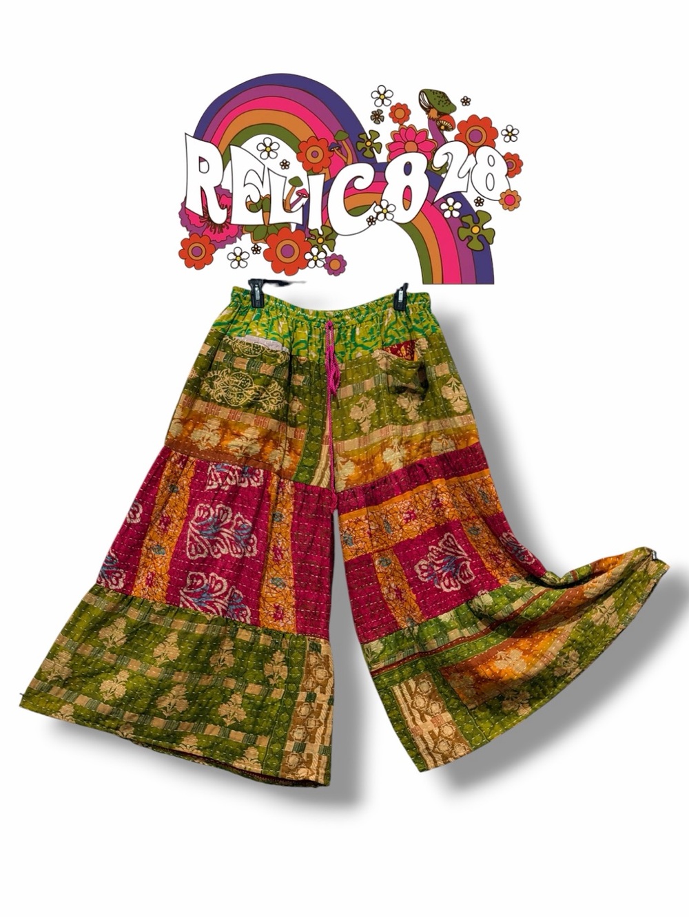 Relic828 Kantha  Artwork Women’s Bohemian Patchwork Wide Leg Palazzo Pants in OS
